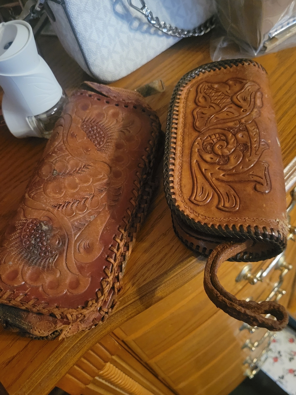Tooled Brown Leather Zip Wallets - Set of 2